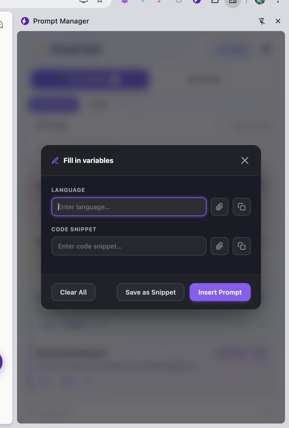 Fill variables popup for smart prompt injection