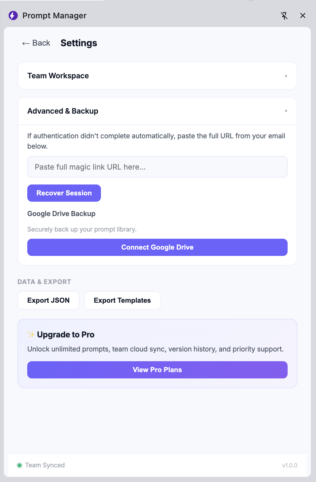 Team sharing and Google Drive backup settings